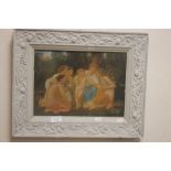 AN OIL ON BOARD IN PAINTED FRAME WITH INDISTINCT SIGNATURE OF A CHILD SURROUNDED BY WOMEN 45.5 CM