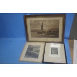 THREE FRAMED ENGRAVINGS TO INCLUDE 'THE FERRY' BY J. GALE, ' A CHURCH INTERIOR', A. YANN AND A