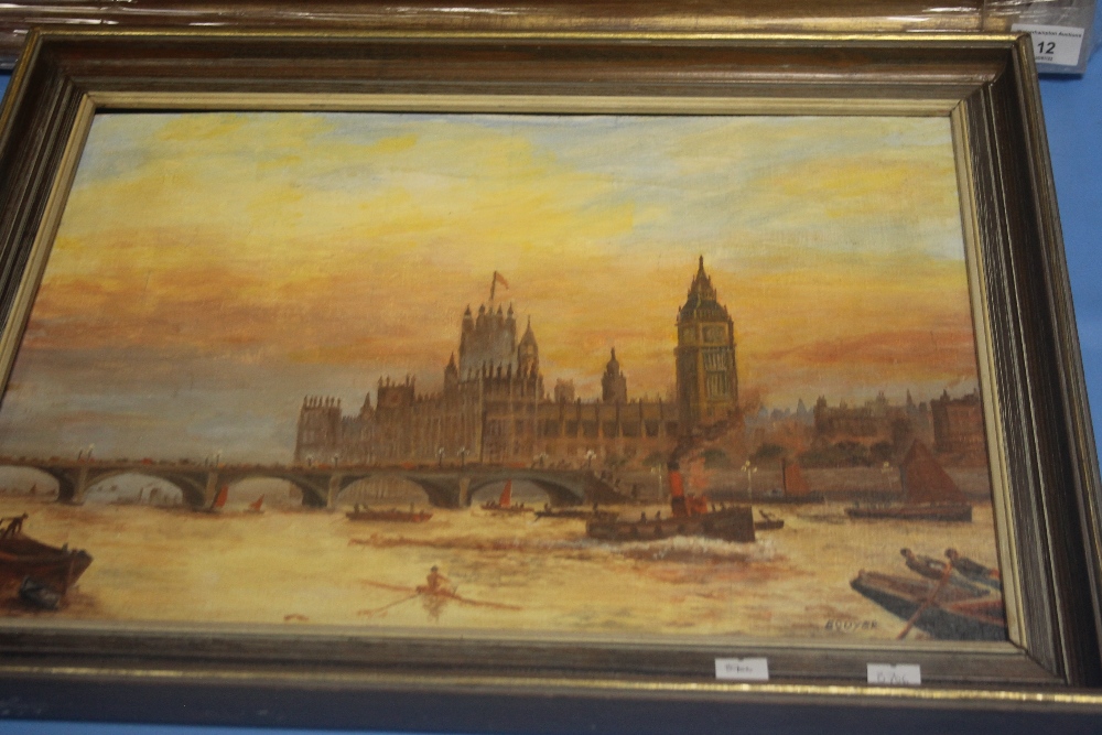 A PAIR OF OILS OF THE RIVER THAMES AND LONDON BRIDGES ONE SIGNED E. GOYER, THE LARGEST 68 X 58 CM - Image 3 of 3