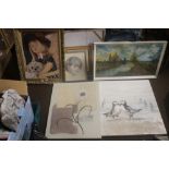 A COLLECTION OF PICTURES AND PRINTS TO INCLUDE A PORTRAIT OF A LITTLE GIRL WITH DOG