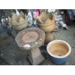 TWO CHIMNEY POTS TOGETHER WITH A BIRD BATH AND A CERAMIC PLANTER