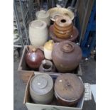 A LARGE SELECTION OF STONEWARE FLAGONS AND DISHES