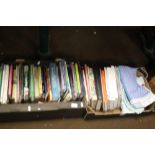 TWO TRAYS OF MISCELLANEOUS BOOKS WITH A FEW CURTAINS (TRAYS NOT INCLUDED)