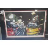 A FRAMED AND GLAZED PRINT OF A CITY STREET SCENE SIGNED LOWER RIGHT ROSS GEE 57 CM X 44.5 CM