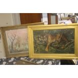 AN OIL ON BOARD OF A TIGER TOGETHER WITH A PRINT OF A FAMILY IN THE PARK