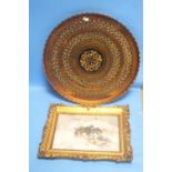 A LARGE ROUND COPPER WALL PLAQUE, DIA. 40 CM TOGETHER WITH A SMALL FRAMED OIL PAINTING FRAME SIZE 34