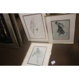 A PAIR OF FRAMED AND GLAZED PRINTS OF BALLERINAS ALONG WITH A PICTURE OF A FLOWER