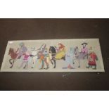 A FELT PICTURE DEPICTING CHAUCER TYPE SCENE 119 CM X 46 CM