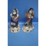 A PAIR OF ANTIQUE DERBY MUSICIAN FIGURES A/F