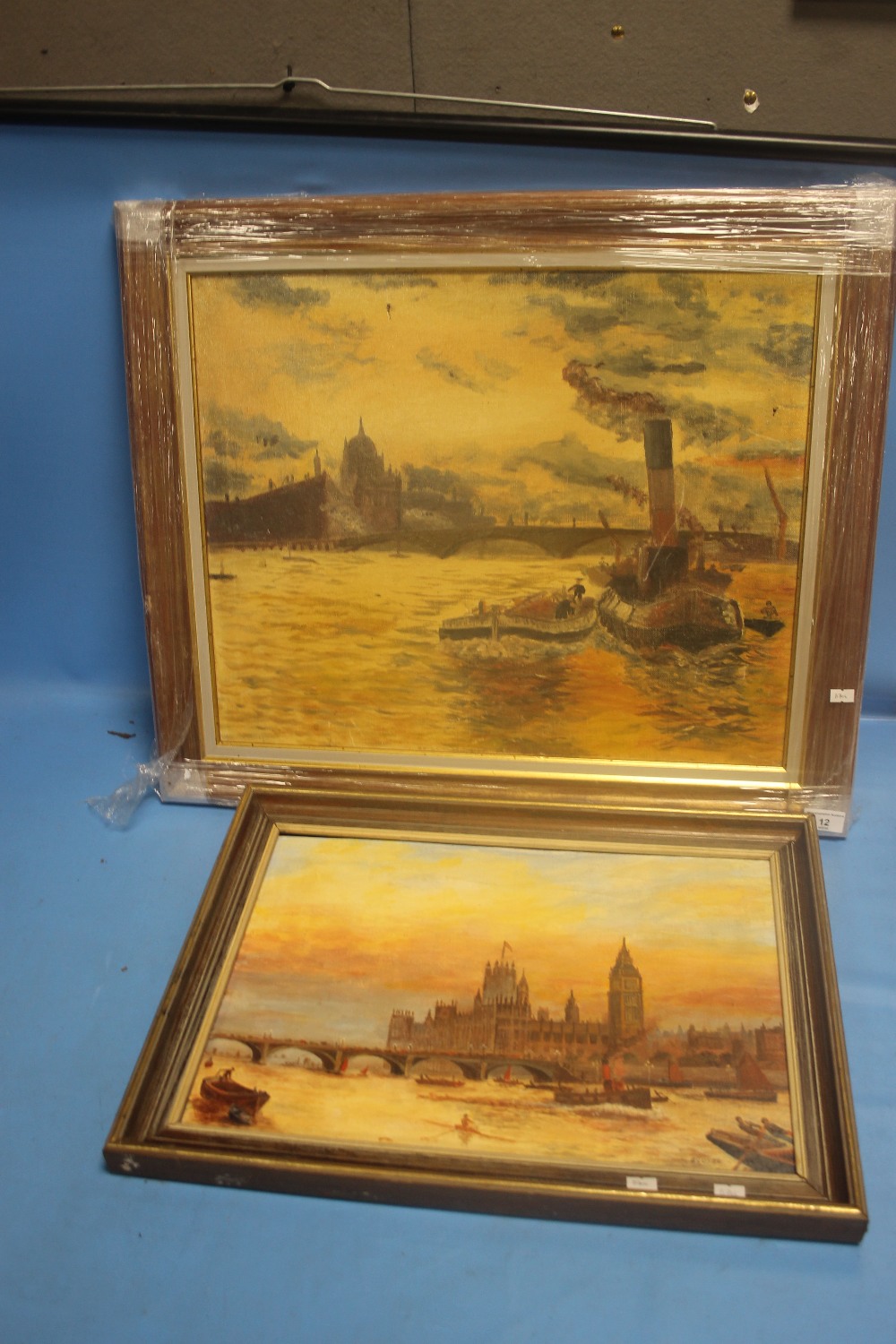 A PAIR OF OILS OF THE RIVER THAMES AND LONDON BRIDGES ONE SIGNED E. GOYER, THE LARGEST 68 X 58 CM