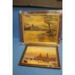 A PAIR OF OILS OF THE RIVER THAMES AND LONDON BRIDGES ONE SIGNED E. GOYER, THE LARGEST 68 X 58 CM