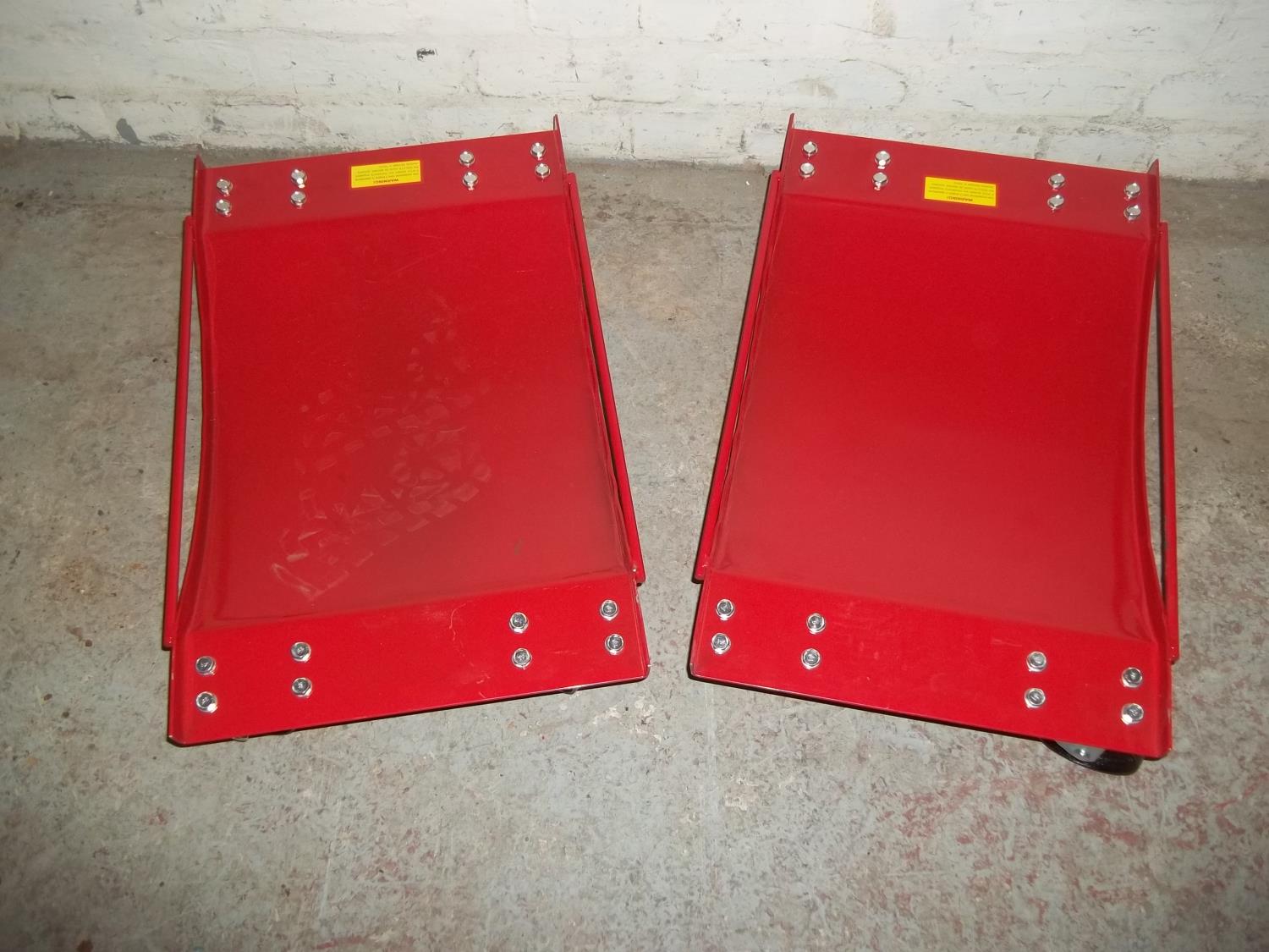 A PAIR OF HEAVY DUTY MECHANIC'S CAR VEHICLE TRANSPORT WHEEL SKID SKATES