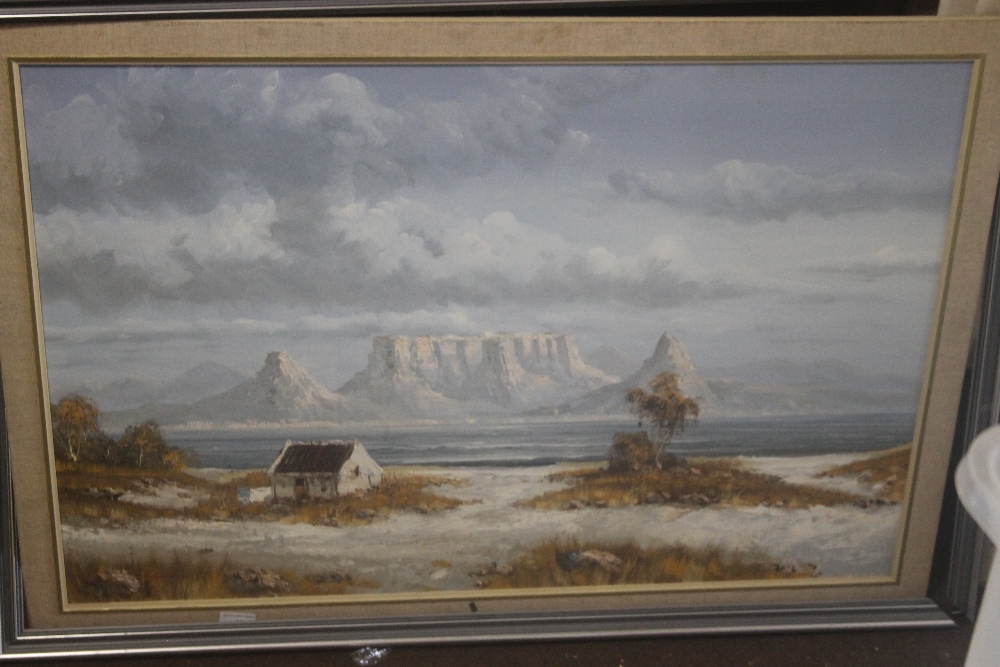 A OIL PAINTING ON BOARD OF TABLETOP MOUNTAIN SOUTH AFRICA 104 CM X 74.5 CM
