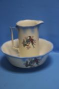 A NEWHALL CHINA JUG AND BOWL, CONTINENTAL BIRD DECORATION