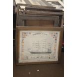 A FRAMED AND GLAZED PRINT OF A SAILING SHIP A/F TITLED "HOMEWOOD BOUND" ALONG WITH A QUANTITY OF