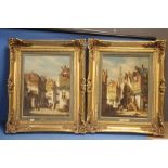 A PAIR OF FRAMED DUTCH STYLE OIL PAINTINGS ON PANELS OF STREET SCENES SIGNED P. C STEENHOUWER 49