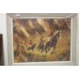 LEMONNIER, 20TH CENTURY IMPRESSIONIST, stormy landscape with huntsmen on horseback, signed lower