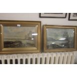 AN OIL ON BOARD OF A SEASCAPE IN GILT FRAME UNSIGNED, TOGETHER WITH AN OIL ON CANVAS IN GILT FRAME