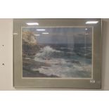 A FRAMED AND GLAZED DINO PARAVANO LIMITED EDITION PRINT FISHING OFF THE ROCKS 98/350 75 CM X 59 CM