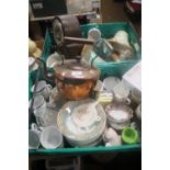 TWO TRAYS OF ASSORTED CERAMIC AND SUNDRIES TO INCLUDE COPPER KETTLE