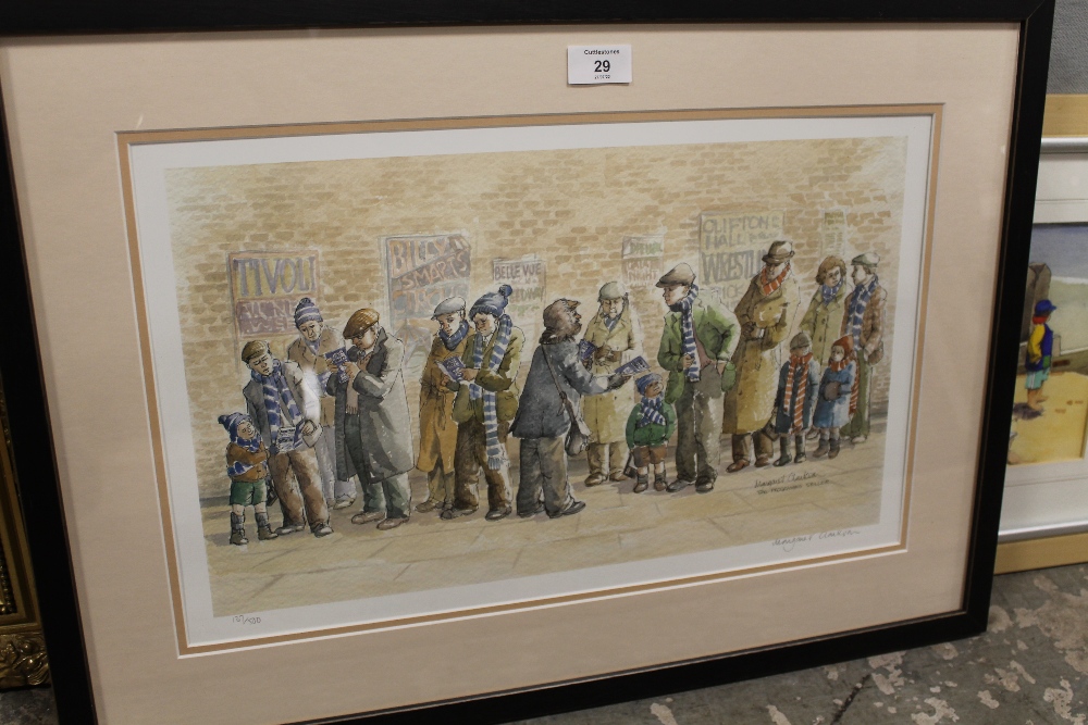 A LIMITED EDITION MARGARET CLARKSON PRINT 'THE PROGRAMME SELLER' 30CM X 47CM , TOGETHER WITH A - Image 2 of 2