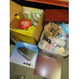 TWO BOXES OF ASSORTED HOUSEHOLD SUNDRIES TO INCLUDE AN INFLATABLE MATTRESS, WOODEN BOXES ETC