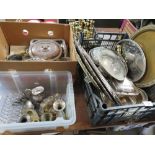 THREE TRAYS OF SILVER PLATED METALWARE TO INCLUDE SERVING TRAYS, VASES ETC