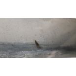 A FRAMED AND GLAZED WATERCOLOUR OF A STORMY SEASCAPE WITH SAIL BOAT SIGNED AND ENTITLED VERSO 'FIRST