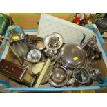 A TRAY OF MOSTLY SILVER PLATED METALWARE ETC TO INCLUDE A SMALL CLOISONNE TEAPOT