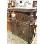 A HEAVY CARVED OAK JACOBEAN STYLE COURT CUPBOARD - H 145 CM, W 121 CM