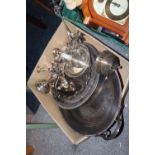 A TRAY OF SILVER PLATED METALWARE TO INCLUDE A PAIR OF ART NOUVEAU CANDLESTICKS, TWIN HANDLED