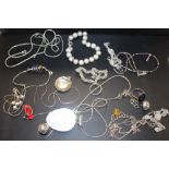 A BOX OF STERLING SILVER JEWELLERY TO INCLUDE NECKLACES, CHAINS ETC