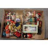 TWO TRAYS OF VINTAGE TOY DOLLS AND CARS ETC. TO INCLUDE BURAGO EXAMPLES