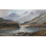 STYLE OF MARTIN PRICE - MOUNTAINS AND ;LAKE SCENE WATERCOLOUR 20 X 33 CM