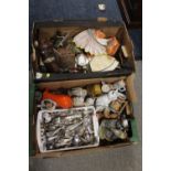 TWO TRAYS OF CERAMICS AND COLLECTABLES TO INCLUDE A CUCKOO CLOCK, CUTLERY ETC