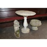 A CONCRETE GARDEN TABLE, PLUS A FIGURE AND PLANTER ON PLINTH (3)