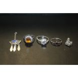THREE STERLING SILVER GEM SET RINGS TOGETHER WITH TWO SILVER PENDANTS