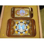 TWO INLAID MAHOGANY BUTTERFLY WING SERVING TRAYS TOGETHER WITH A SIMILAR ASH TRAY (3)