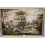 AN ANTIQUE GILT FRAMED OIL ON CANVAS DEPICTING CATTLE WATERING IN A COUNTRY LANDSCAPE SIGNED S.D