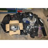A LARGE BOX OF MOTORCYCLING ACCESSORIES TO INCLUDE FRANK THOMAS LEATHER TROUSERS TUV RHEINLAND