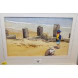 STYLE OF PETER SHARP CHILDREN ON THE SAND WATERCOLOUR 19 X 29 CM