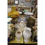 A COLLECTION OF LARGE MODERN CERAMIC VASES, TOGETHER WITH BRASS AND ONYX EXAMPLES, OIL LAMP ETC. (