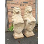 A PAIR OF LARGE CONCRETE LION FIGURES / POST TOPPERS H-75 CM