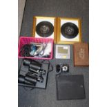 A COLLECTION OF ELECTRICALS, FRAMED 7" SINGLES, BINOCULARS ETC