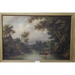 AN ANTIQUE GILT FRAMED OIL ON CANVAS DEPICTING CATTLE WATERING IN A WOODED LANDSCAPE INDISTINCTLY