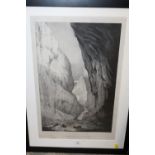 A FRAMED AND GLAZED ANTIQUE LITHOGRAPH PRINT ENTITLED 'GORDALE SCAR YORKSHIRE' - SEE VERSO 52CM X