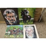 A COLLECTION OF UNFRAMED OIL ON CANVAS PAINTINGS TO INCLUDE HORSE RACING INTEREST AND PORTRAIT