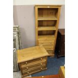 A MODERN HONEY PINE OPEN BOOKCASE WITH DRAWERS BELOW, H 190 CM, W 76 CM TOGETHER WITH A MATCHING