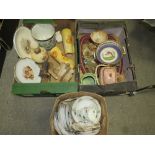 A BOX OF ANTIQUE DAVENPORT LEAF PATTERN CHINA TOGETHER WITH TWO TRAYS OF ASSORTED CERAMICS TO