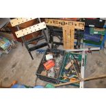 A QUALITY OF ASSORTED TOOLS AND PARTS TO INCLUDE SAW BENCHES, BATTERY CHARGER ETC